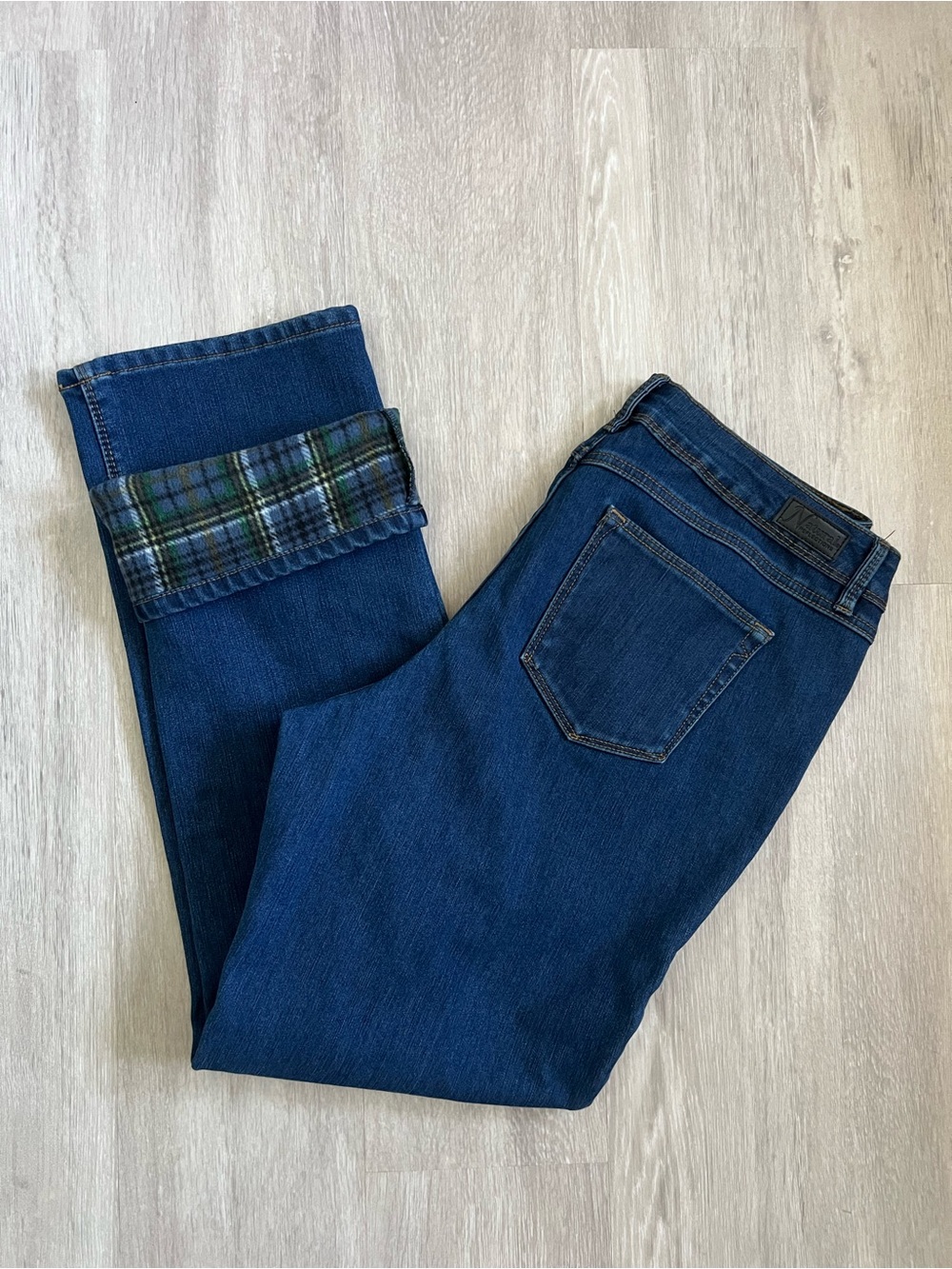 Natural Reflections Dark Blue Jeans Green & Navy Plaid Full Flannel Lined 14